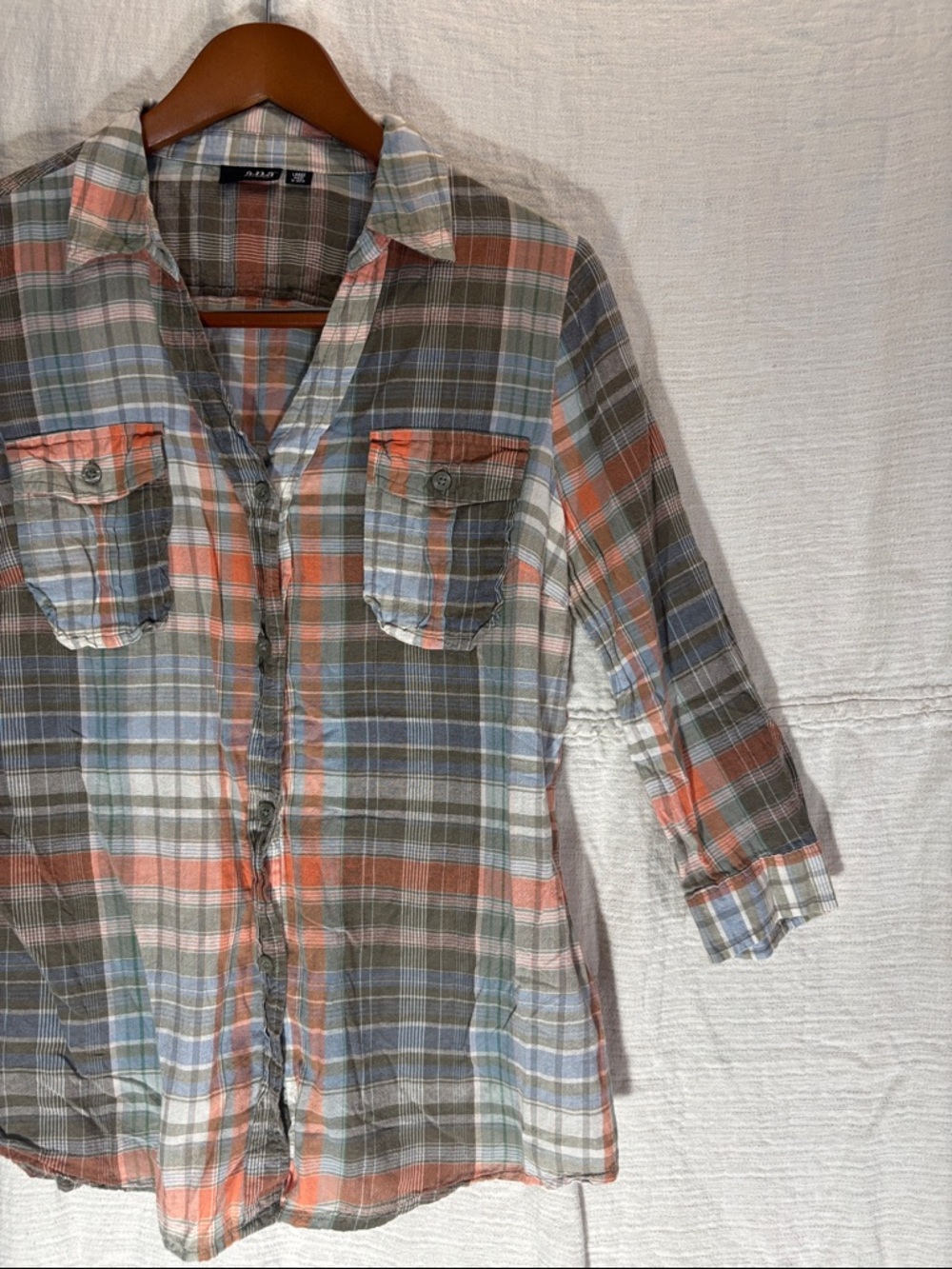 a.n.a Plaid Button-Down Shirt in Orange, Blue, Green 100% cotton lightweight - Picture 4 of 6